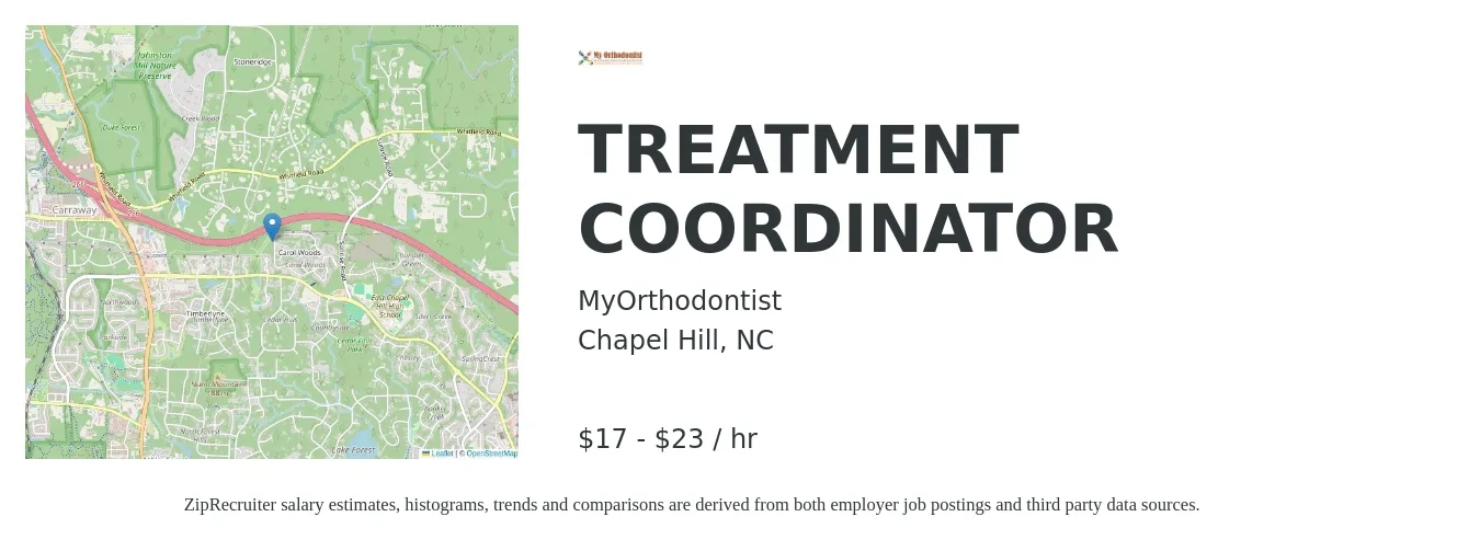 MyOrthodontist job posting for a TREATMENT COORDINATOR in Chapel Hill, NC with a salary of $18 to $23 Hourly with a map of Chapel Hill location.