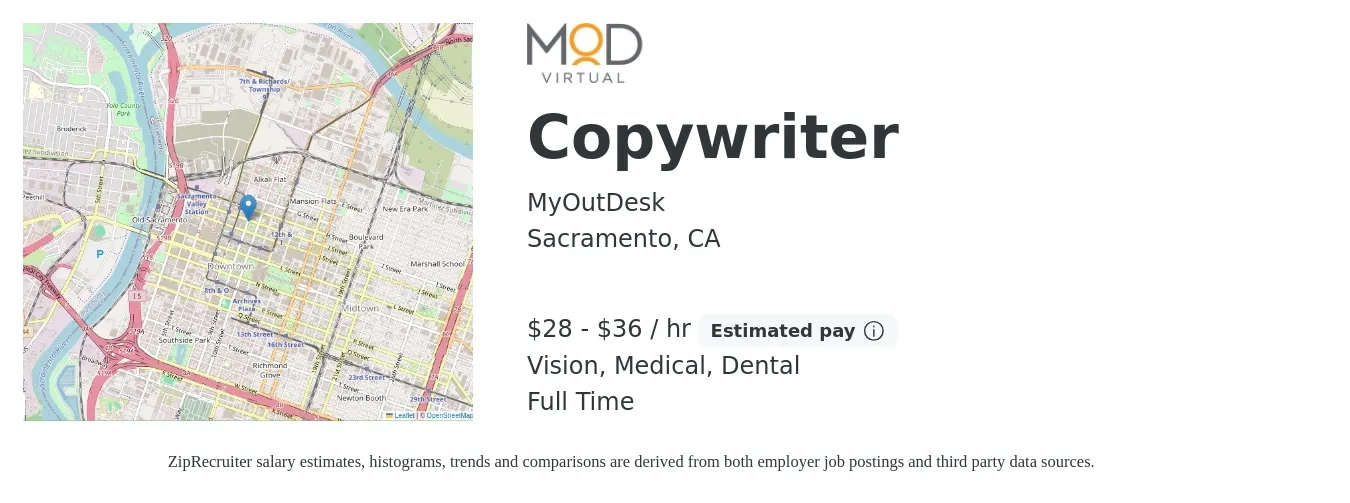 MyOutDesk job posting for a Copywriter in Sacramento, CA with a salary of $30 to $38 Hourly and benefits including life_insurance, medical, retirement, vision, and dental with a map of Sacramento location.