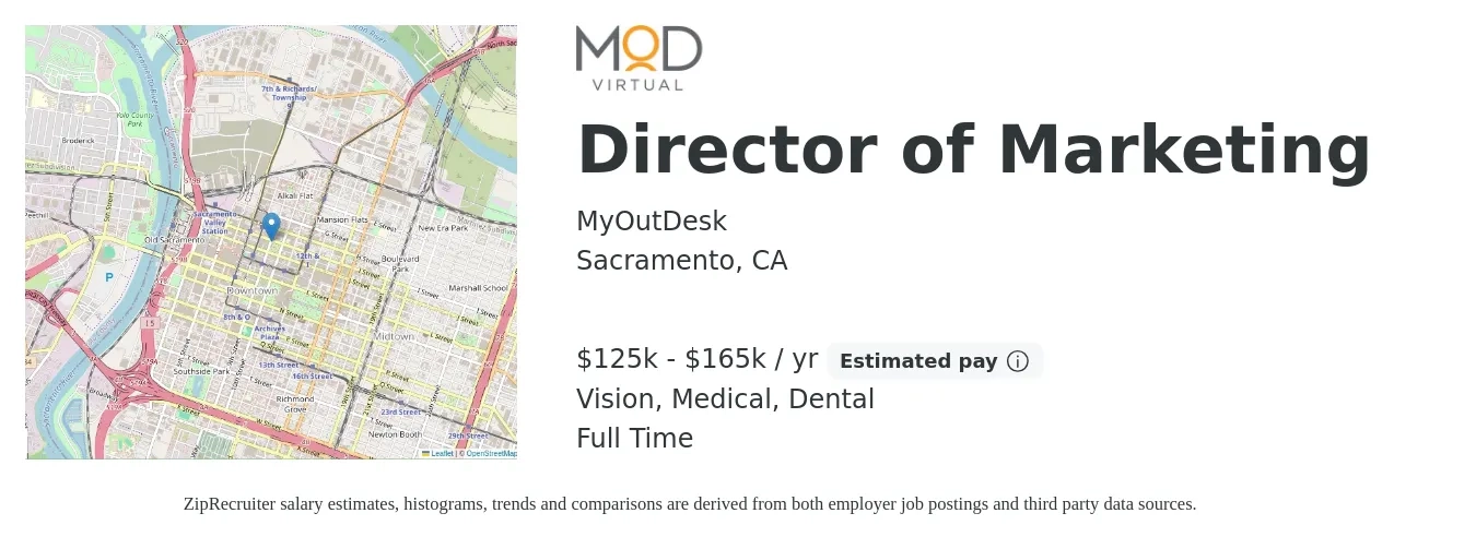 MyOutDesk job posting for a Director of Marketing in Sacramento, CA with a salary of $125,000 to $165,000 Yearly and benefits including vision, dental, life_insurance, medical, and retirement with a map of Sacramento location.