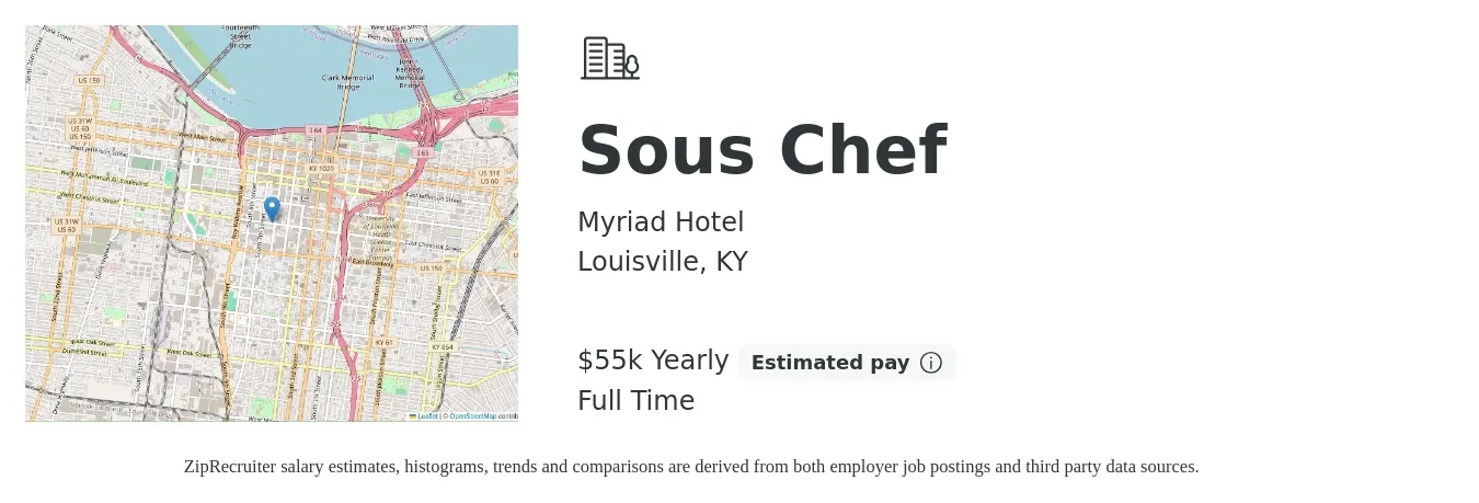 Myriad Hotel job posting for a Sous Chef in Louisville, KY with a salary of $55,000 Yearly with a map of Louisville location.