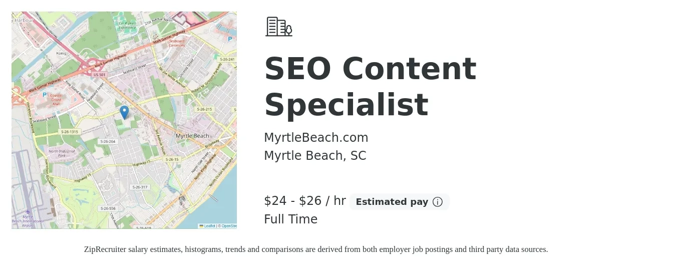 MyrtleBeach.com job posting for a SEO Content Specialist in Myrtle Beach, SC with a salary of $54,000 to $58,000 Yearly with a map of Myrtle Beach location.