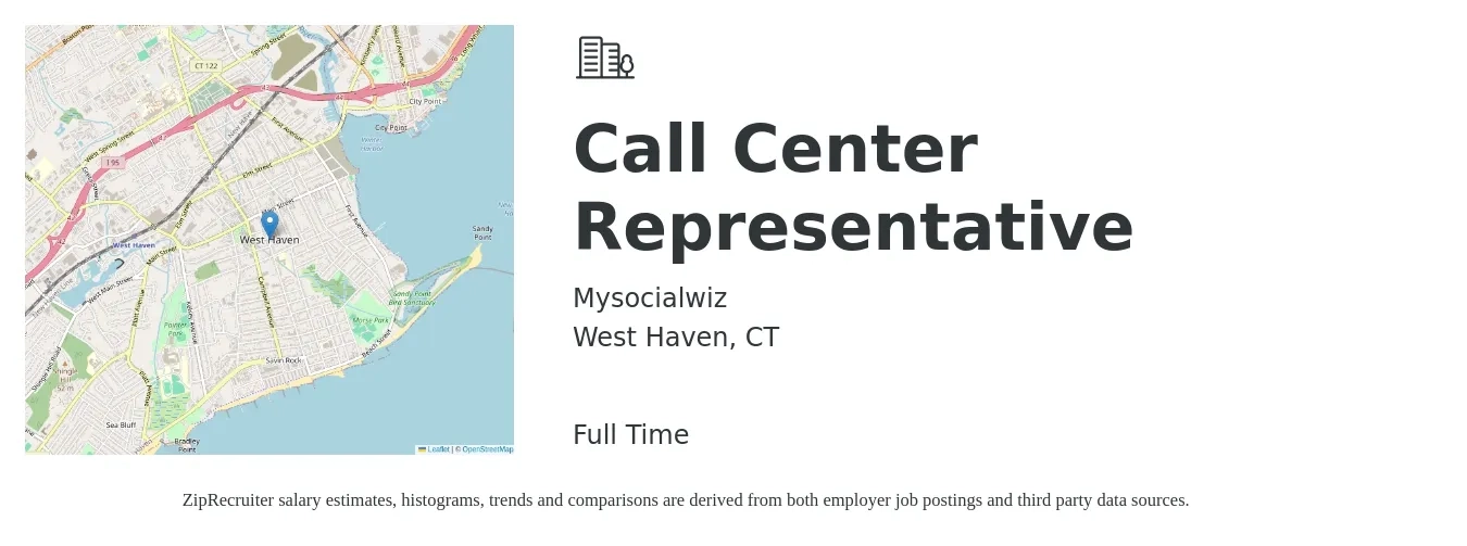 Mysocialwiz job posting for a Call Center Representative in West Haven, CT with a salary of $16 to $20 Hourly with a map of West Haven location.