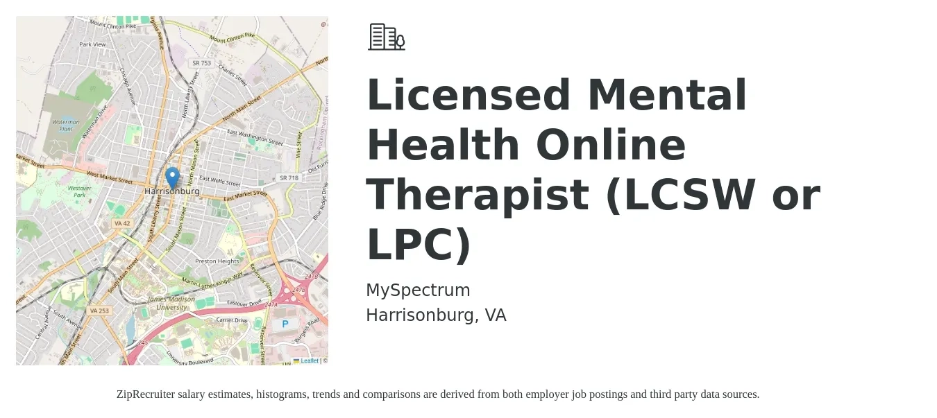 MySpectrum job posting for a Licensed Mental Health Online Therapist (LCSW or LPC) in Harrisonburg, VA with a salary of $57,800 to $93,200 Yearly with a map of Harrisonburg location.