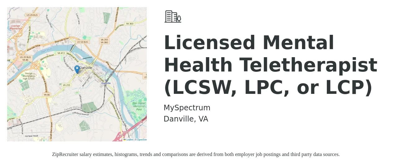 MySpectrum job posting for a Licensed Mental Health Teletherapist (LCSW, LPC, or LCP) in Danville, VA with a salary of $61,800 to $99,700 Yearly with a map of Danville location.
