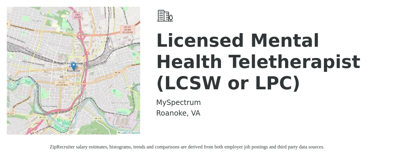 MySpectrum job posting for a Licensed Mental Health Teletherapist (LCSW or LPC) in Roanoke, VA with a salary of $60,500 to $97,600 Yearly with a map of Roanoke location.