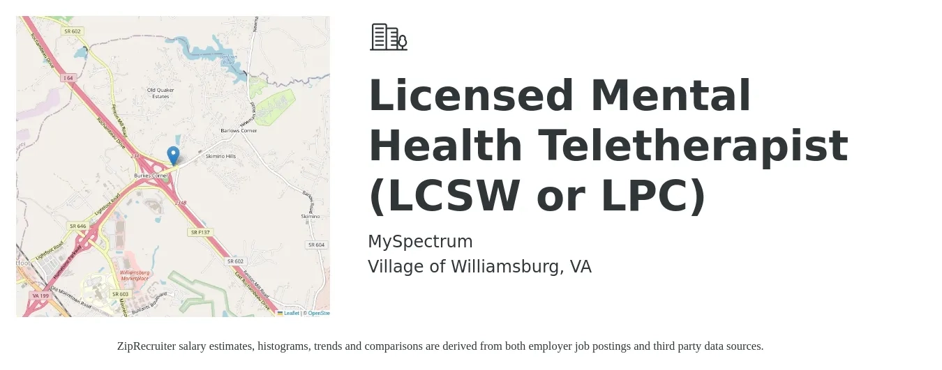 MySpectrum job posting for a Licensed Mental Health Teletherapist (LCSW or LPC) in Village of Williamsburg, VA with a salary of $56,500 to $91,200 Yearly with a map of Village of Williamsburg location.