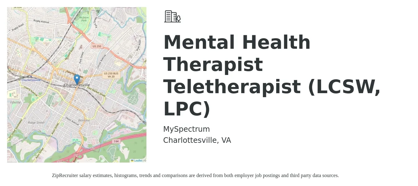 MySpectrum job posting for a Mental Health Therapist Teletherapist (LCSW, LPC) in Charlottesville, VA with a salary of $59,500 to $84,300 Yearly with a map of Charlottesville location.
