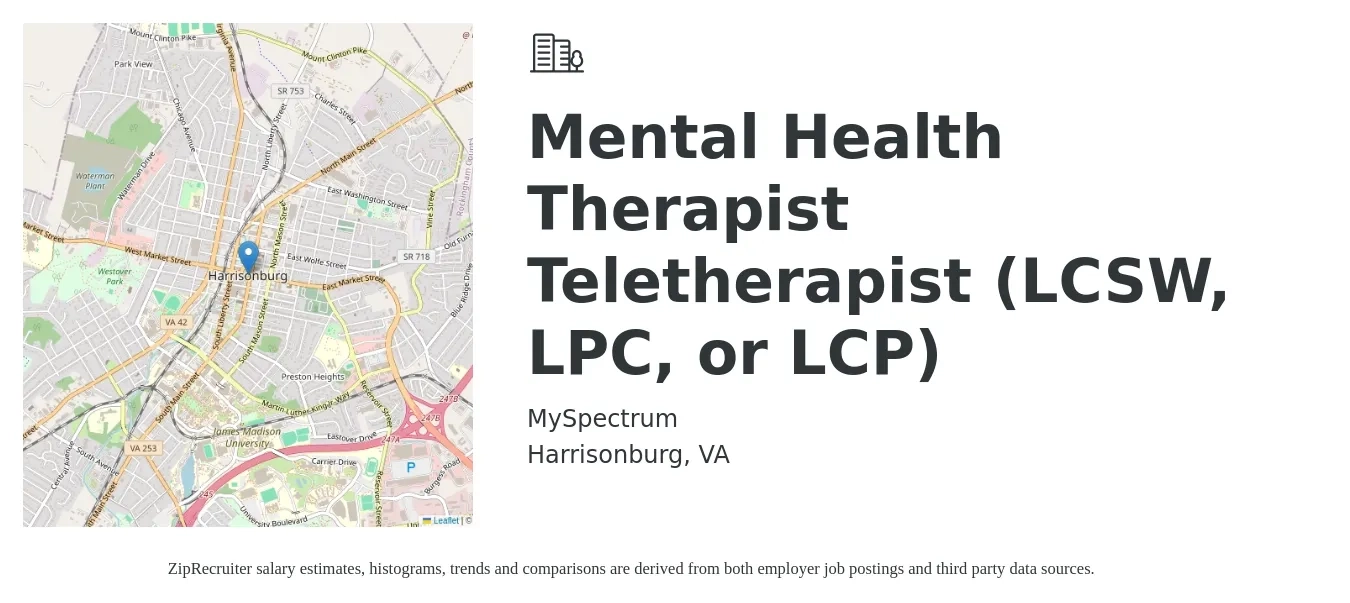 MySpectrum job posting for a Mental Health Therapist Teletherapist (LCSW, LPC, or LCP) in Harrisonburg, VA with a salary of $55,900 to $79,200 Yearly with a map of Harrisonburg location.