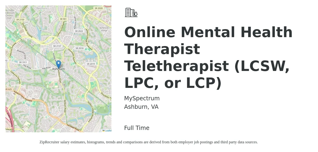 MySpectrum job posting for a Online Mental Health Therapist Teletherapist (LCSW, LPC, or LCP) in Ashburn, VA with a salary of $61,400 to $86,900 Yearly with a map of Ashburn location.