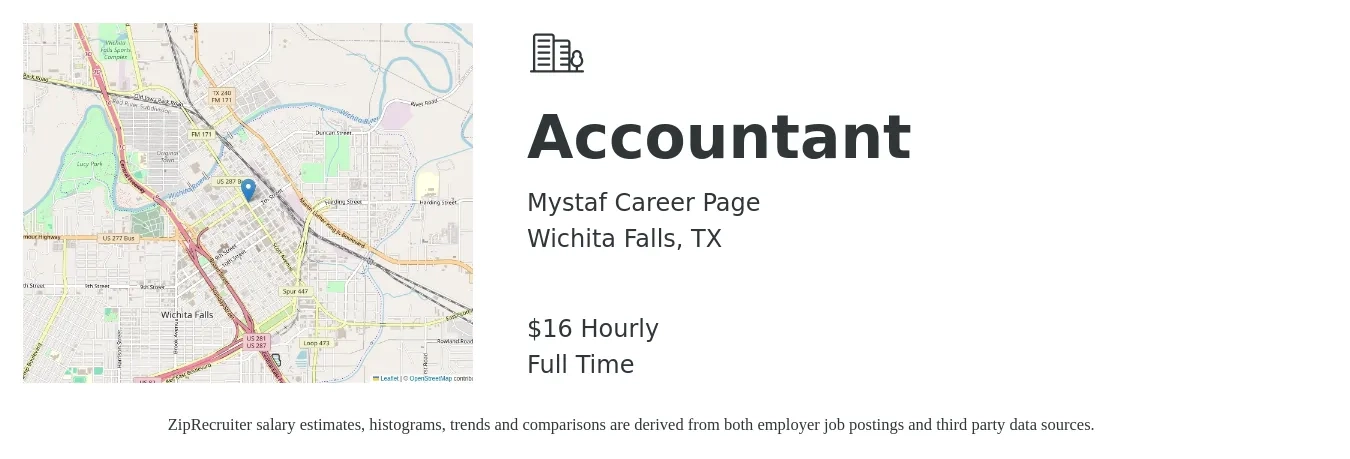 Mystaf Career Page job posting for a Accountant in Wichita Falls, TX with a salary of $17 Hourly with a map of Wichita Falls location.