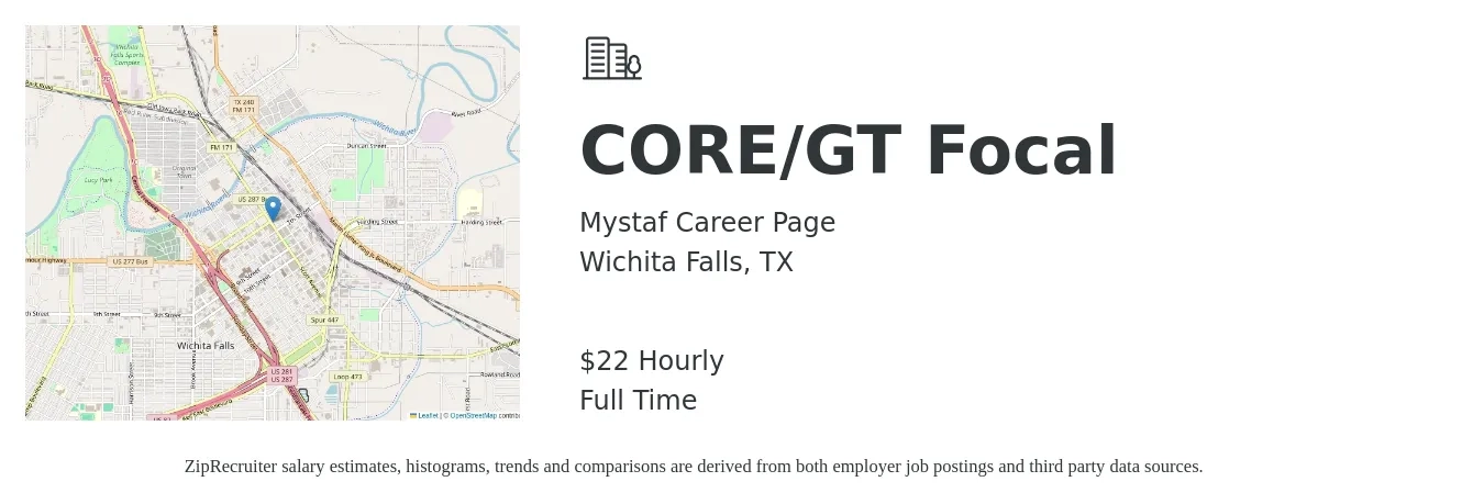 Mystaf Career Page job posting for a CORE/GT Focal in Wichita Falls, TX with a salary of $23 Hourly with a map of Wichita Falls location.