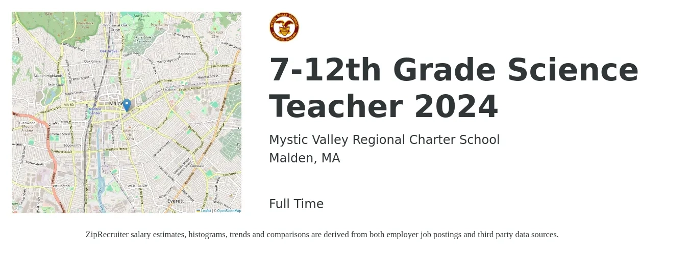 Mystic Valley Regional Charter School job posting for a 7-12th Grade Science Teacher 2024 in Malden, MA with a salary of $50,100 to $64,700 Yearly with a map of Malden location.
