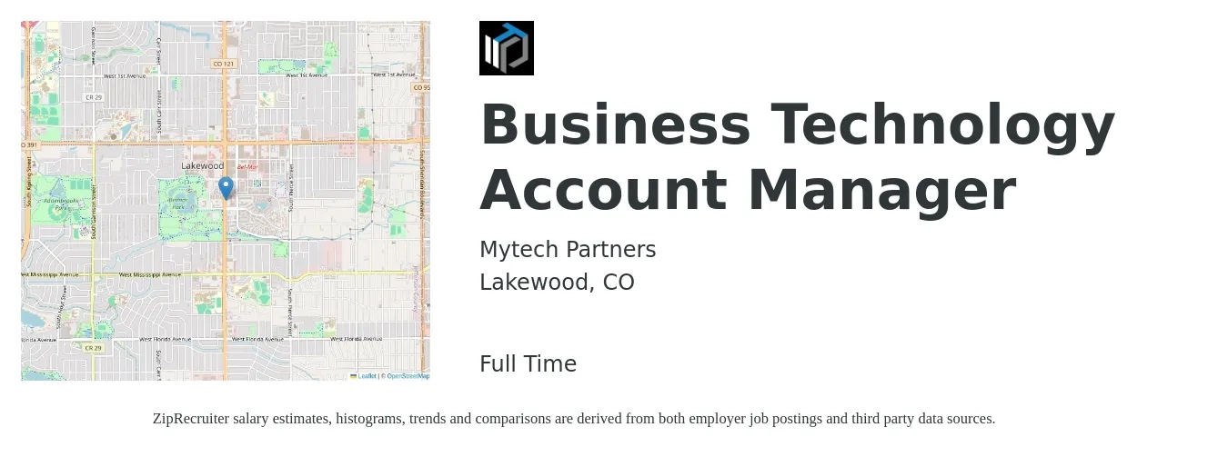 Mytech Partners job posting for a Business Technology Account Manager in Lakewood, CO with a salary of $53,500 to $90,500 Yearly with a map of Lakewood location.