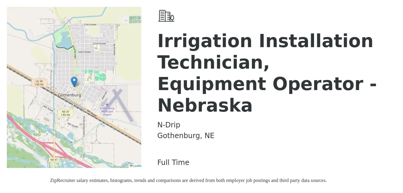N-Drip job posting for a Irrigation Installation Technician, Equipment Operator - Nebraska in Gothenburg, NE with a salary of $20 to $27 Hourly with a map of Gothenburg location.