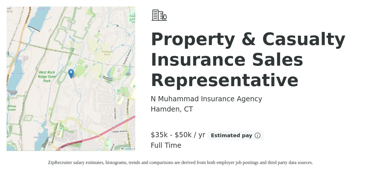 N Muhammad Insurance Agency job posting for a Property & Casualty Insurance Sales Representative in Hamden, CT with a salary of $35,000 to $50,000 Yearly with a map of Hamden location.