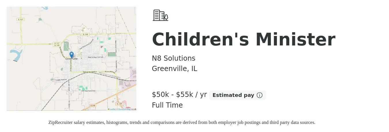 N8 Solutions job posting for a Children's Minister in Greenville, IL with a salary of $50,000 to $55,000 Yearly with a map of Greenville location.