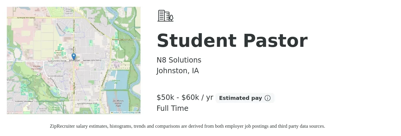 N8 Solutions job posting for a Student Pastor in Johnston, IA with a salary of $50,000 to $60,000 Yearly with a map of Johnston location.