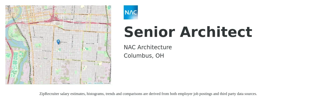 NAC Architecture job posting for a Senior Architect in Columbus, OH with a salary of $96,100 to $136,700 Yearly with a map of Columbus location.