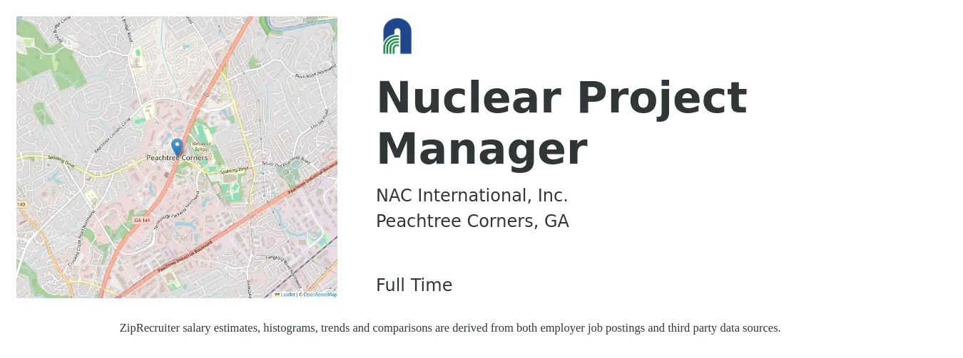 NAC International, Inc. job posting for a Nuclear Project Manager in Peachtree Corners, GA with a salary of $48 to $67 Hourly with a map of Peachtree Corners location.