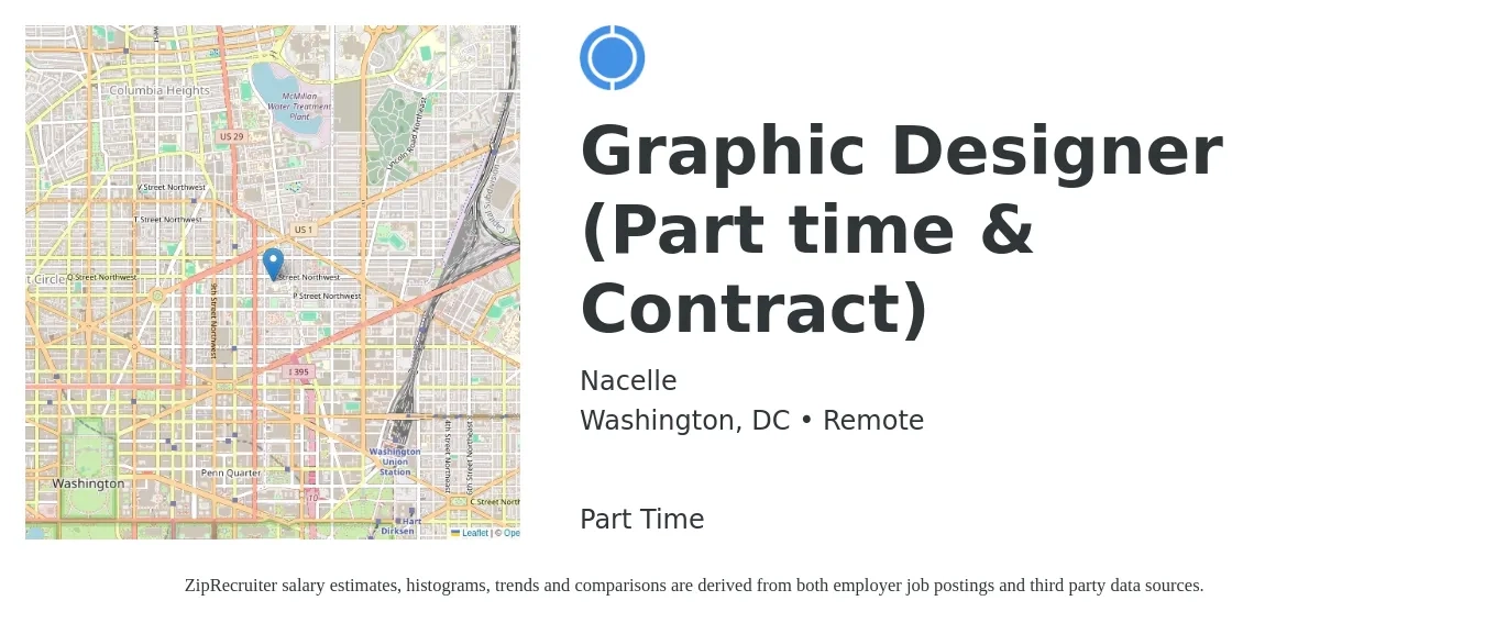 Nacelle job posting for a Graphic Designer (Part time & Contract) in Washington, DC with a salary of $24 to $37 Hourly with a map of Washington location.