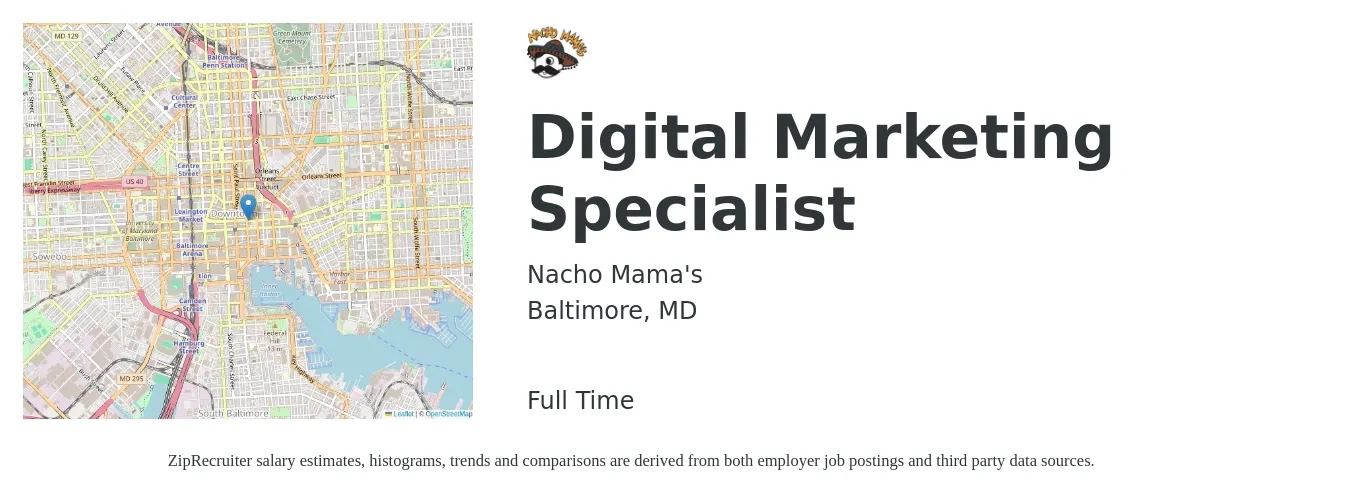 Nacho Mama's job posting for a Digital Marketing Specialist in Baltimore, MD with a salary of $49,700 to $74,000 Yearly with a map of Baltimore location.
