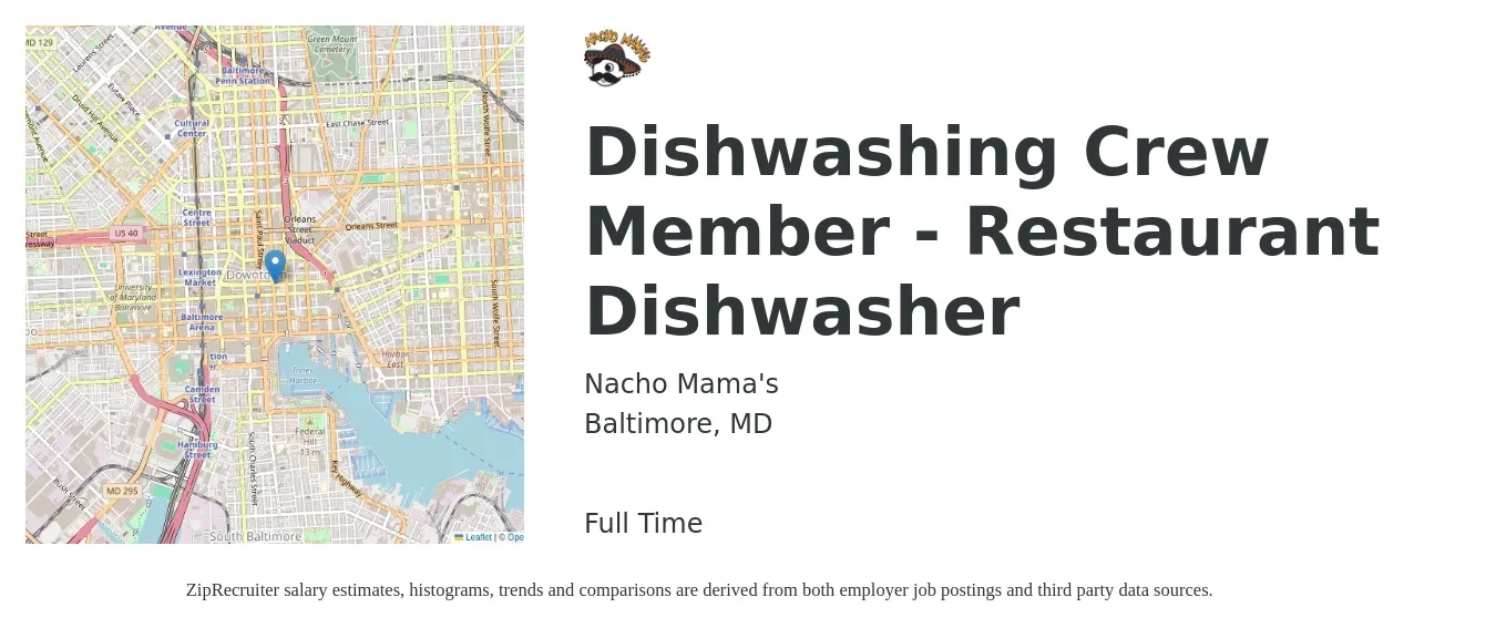 Nacho Mama's job posting for a Dishwashing Crew Member - Restaurant Dishwasher in Baltimore, MD with a salary of $13 to $17 Hourly with a map of Baltimore location.