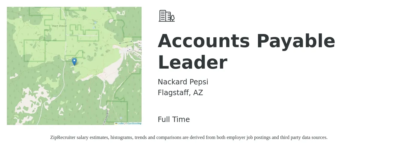 Nackard Pepsi job posting for a Accounts Payable Leader in Flagstaff, AZ with a salary of $48,600 to $63,800 Yearly with a map of Flagstaff location.