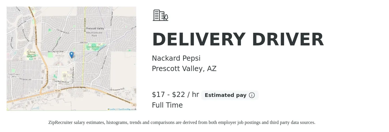 Nackard Pepsi job posting for a DELIVERY DRIVER in Prescott Valley, AZ with a salary of $18 to $23 Hourly with a map of Prescott Valley location.