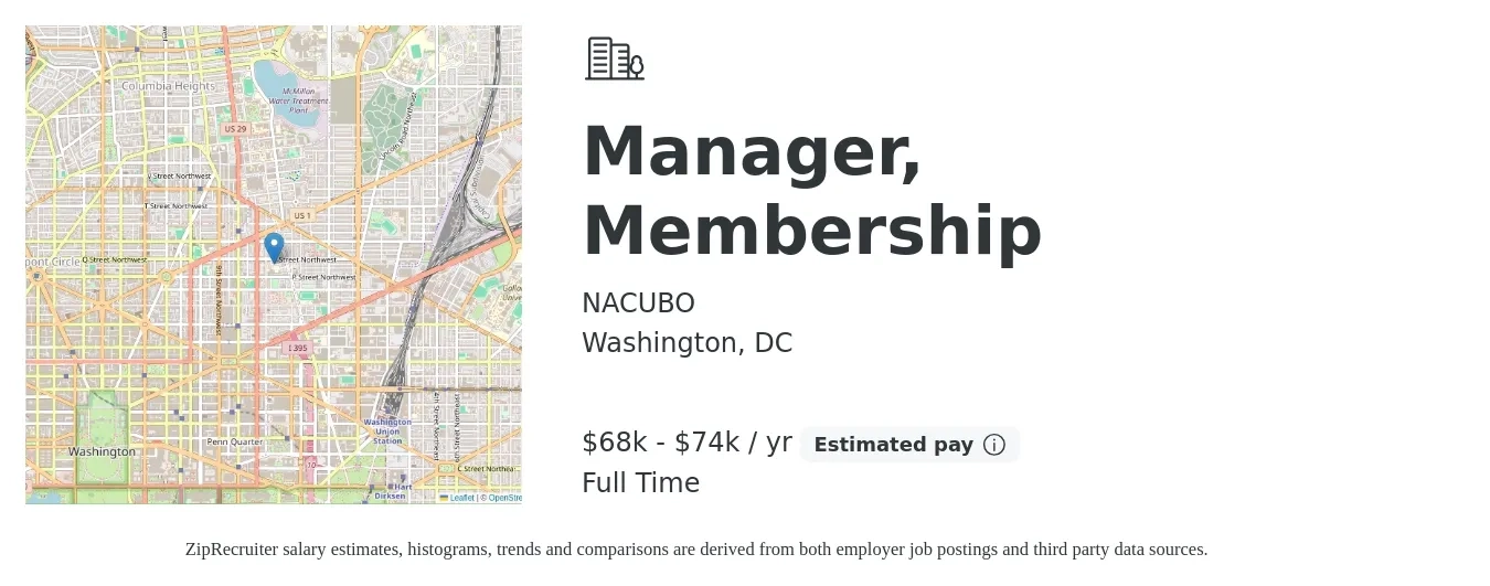 NACUBO job posting for a Manager, Membership in Washington, DC with a salary of $68,000 to $74,500 Yearly with a map of Washington location.