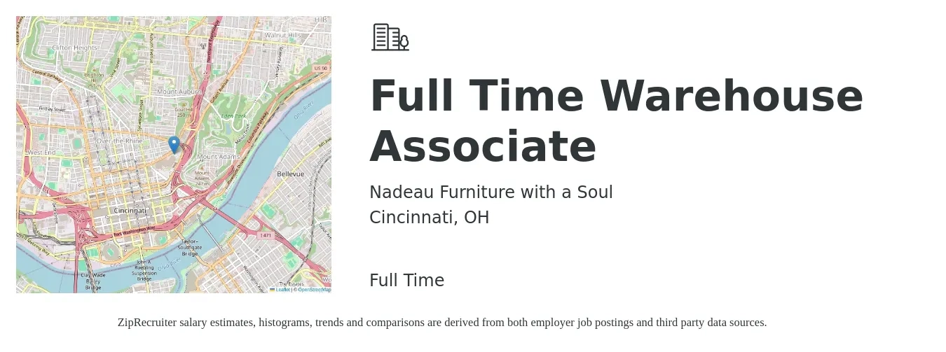 Nadeau Furniture with a Soul job posting for a Full Time Warehouse Associate in Cincinnati, OH with a salary of $16 to $17 Hourly with a map of Cincinnati location.