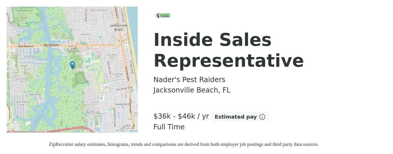 Nader's Pest Raiders job posting for a Inside Sales Representative in Jacksonville Beach, FL with a salary of $36,000 to $46,000 Yearly with a map of Jacksonville Beach location.