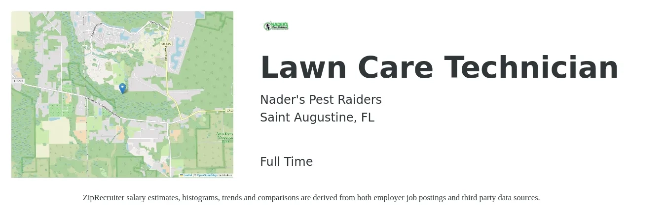 Nader's Pest Raiders job posting for a Lawn Care Technician in Saint Augustine, FL with a salary of $40,000 to $50,000 Yearly with a map of Saint Augustine location.