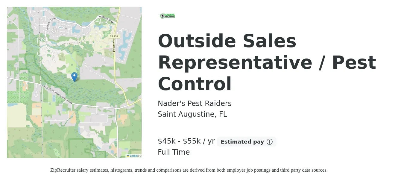 Nader's Pest Raiders job posting for a Outside Sales Representative / Pest Control in Saint Augustine, FL with a salary of $45,000 to $55,000 Yearly with a map of Saint Augustine location.
