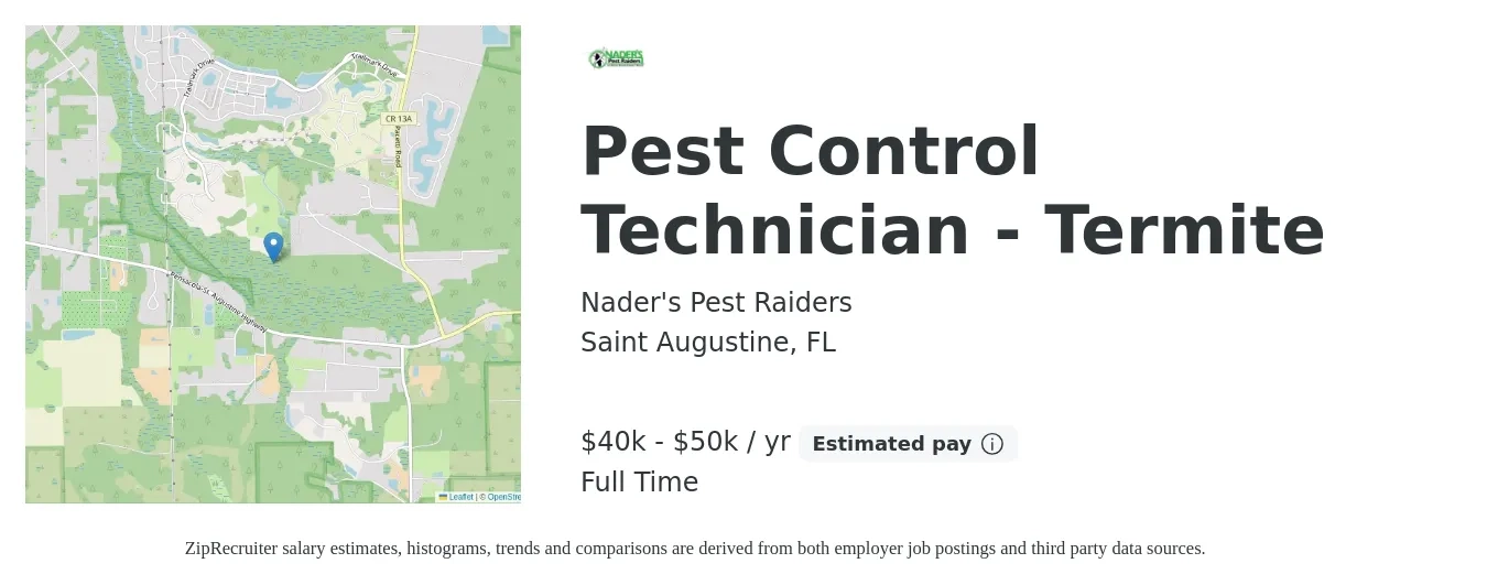 Nader's Pest Raiders job posting for a Pest Control Technician - Termite in Saint Augustine, FL with a salary of $40,000 to $50,000 Yearly with a map of Saint Augustine location.