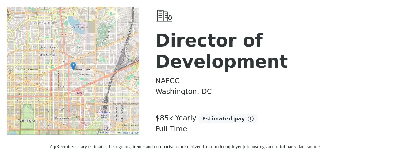 NAFCC job posting for a Director of Development in Washington, DC with a salary of $85,000 Yearly with a map of Washington location.