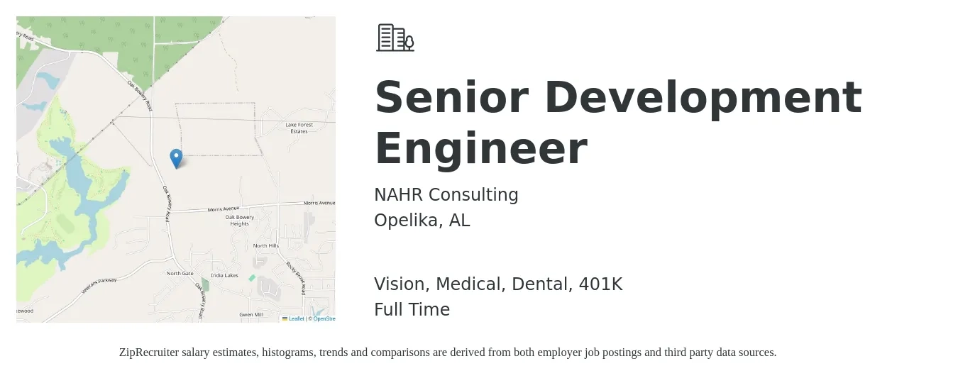 NAHR Consulting job posting for a Senior Development Engineer in Opelika, AL with a salary of $95,900 to $131,700 Yearly and benefits including dental, life_insurance, medical, vision, and 401k with a map of Opelika location.