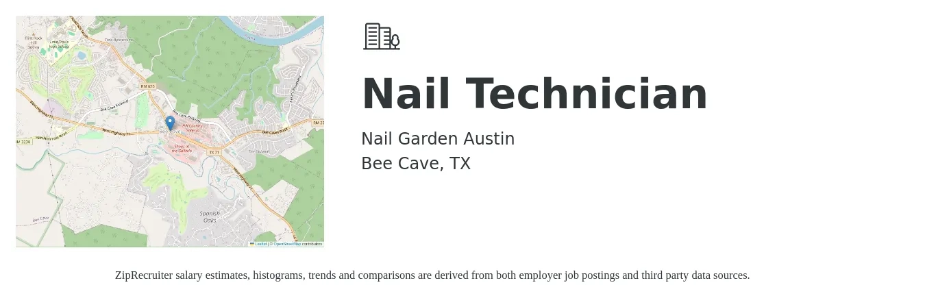 Nail Garden Austin job posting for a Nail Technician in Bee Cave, TX with a salary of $4,000 to $6,500 Monthly with a map of Bee Cave location.