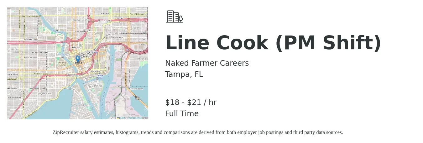 Naked Farmer Careers job posting for a Line Cook (PM Shift) in Tampa, FL with a salary of $19 to $22 Hourly with a map of Tampa location.