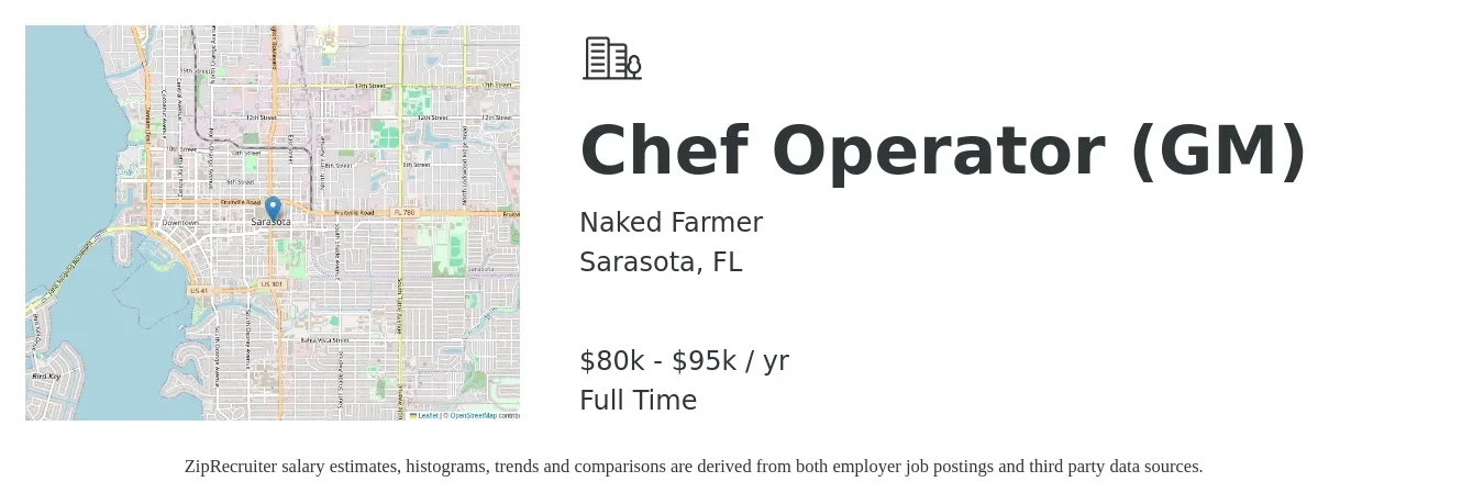Naked Farmer job posting for a Chef Operator (GM) in Sarasota, FL with a salary of $80,000 to $95,000 Yearly with a map of Sarasota location.