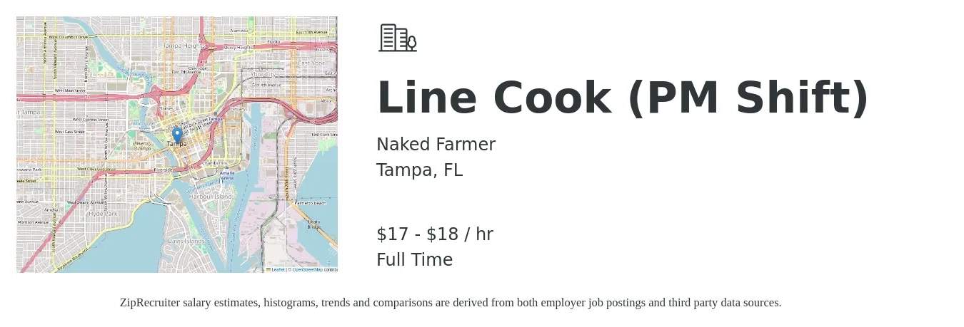 Naked Farmer job posting for a Line Cook (PM Shift) in Tampa, FL with a salary of $18 to $20 Hourly with a map of Tampa location.