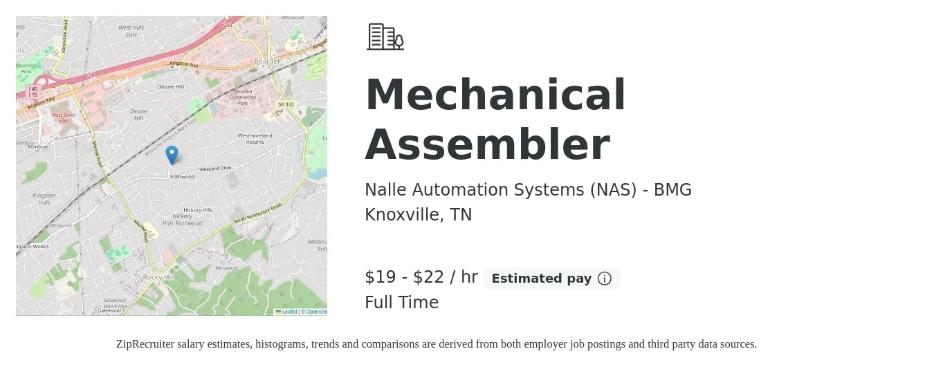 Nalle Automation Systems (NAS) - BMG job posting for a Mechanical Assembler in Knoxville, TN with a salary of $20 to $23 Hourly with a map of Knoxville location.