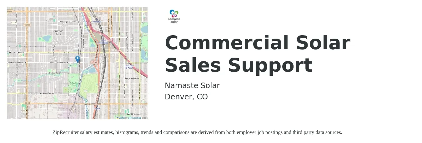 Namaste Solar job posting for a Commercial Solar Sales Support in Denver, CO with a salary of $46,800 to $67,900 Yearly with a map of Denver location.
