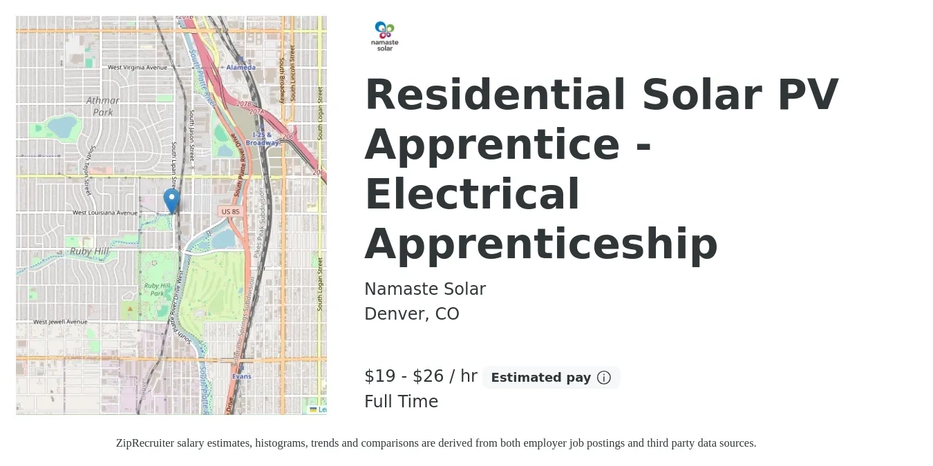 Namaste Solar job posting for a Residential Solar PV Apprentice - Electrical Apprenticeship in Denver, CO with a salary of $20 to $28 Hourly with a map of Denver location.