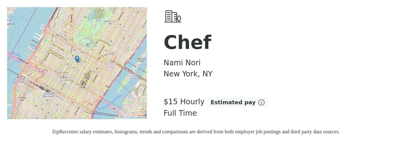 Nami Nori job posting for a Chef in New York, NY with a salary of $16 Hourly with a map of New York location.