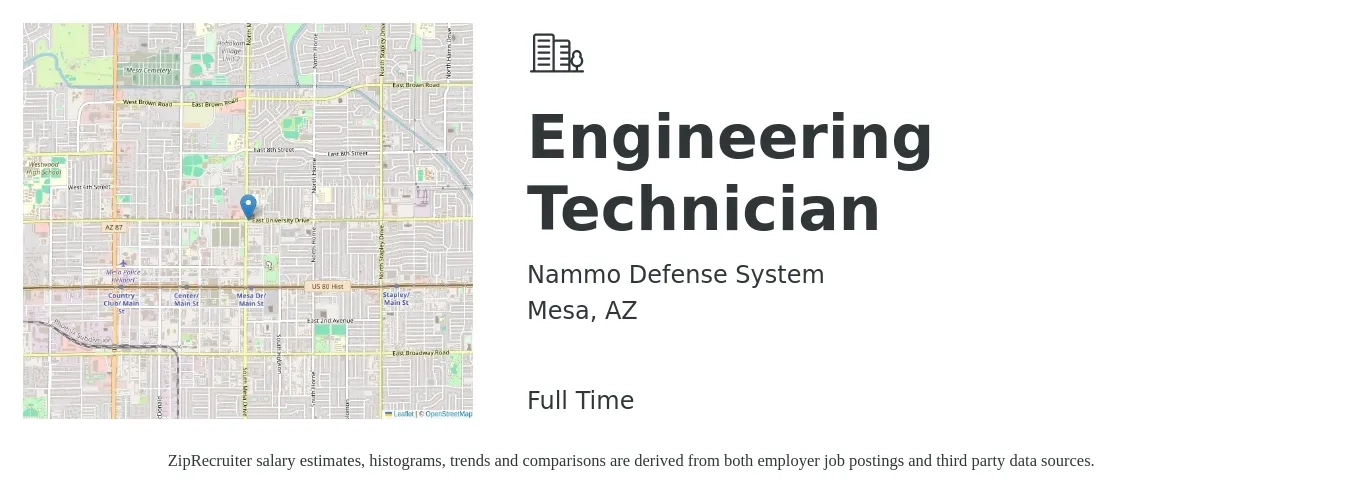 Nammo Defense System job posting for a Engineering Technician in Mesa, AZ with a salary of $46,600 to $71,400 Yearly with a map of Mesa location.