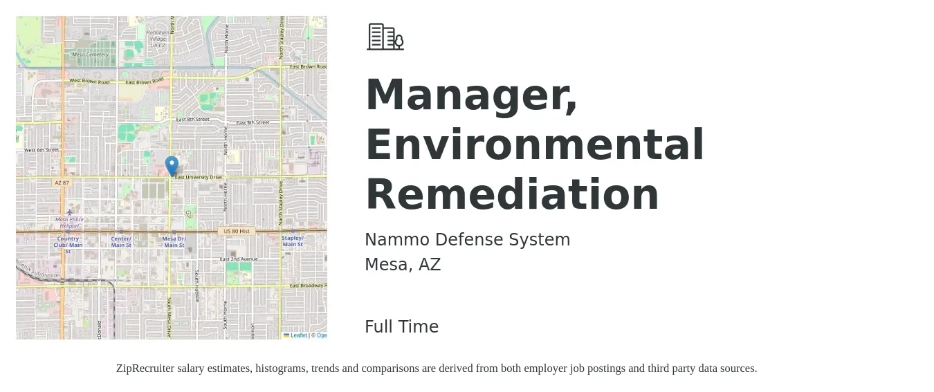 Nammo Defense System job posting for a Manager, Environmental Remediation in Mesa, AZ with a salary of $116,100 to $120,100 Yearly with a map of Mesa location.