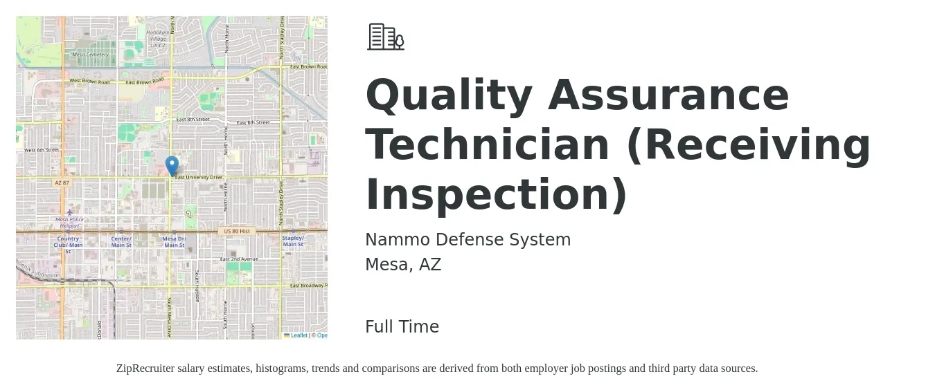 Nammo Defense System job posting for a Quality Assurance Technician (Receiving Inspection) in Mesa, AZ with a salary of $18 to $26 Hourly with a map of Mesa location.