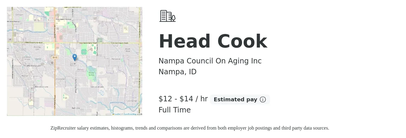 Nampa Council On Aging Inc job posting for a Head Cook in Nampa, ID with a salary of $13 to $15 Hourly with a map of Nampa location.
