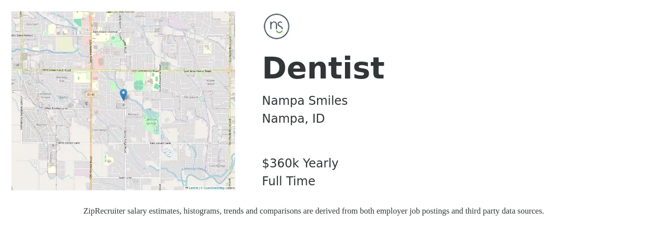 Nampa Smiles job posting for a Dentist in Nampa, ID with a salary of $360,000 Yearly with a map of Nampa location.