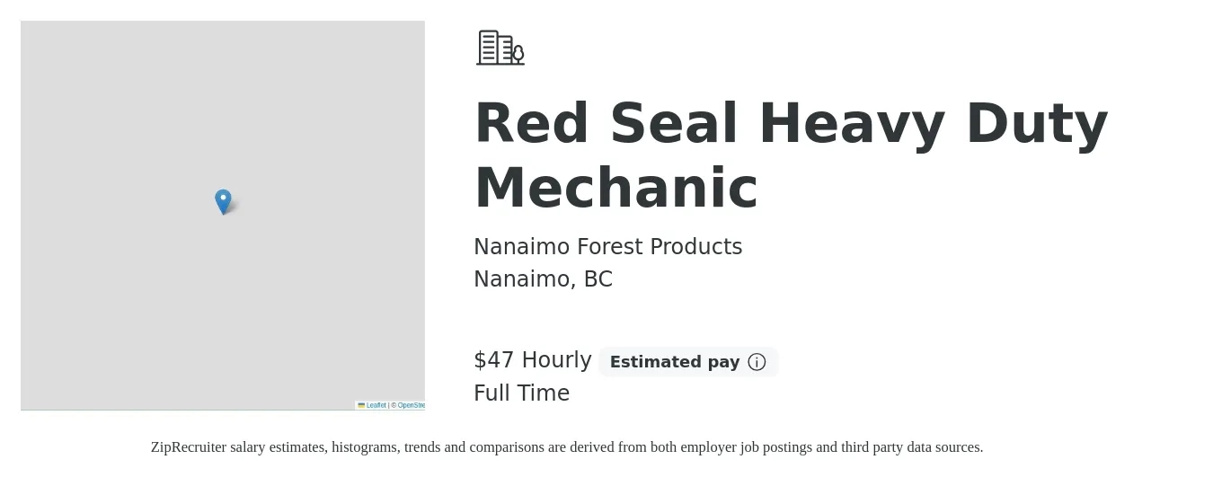 Nanaimo Forest Products job posting for a Red Seal Heavy Duty Mechanic in Nanaimo, BC with a salary of $49 Hourly with a map of Nanaimo location.